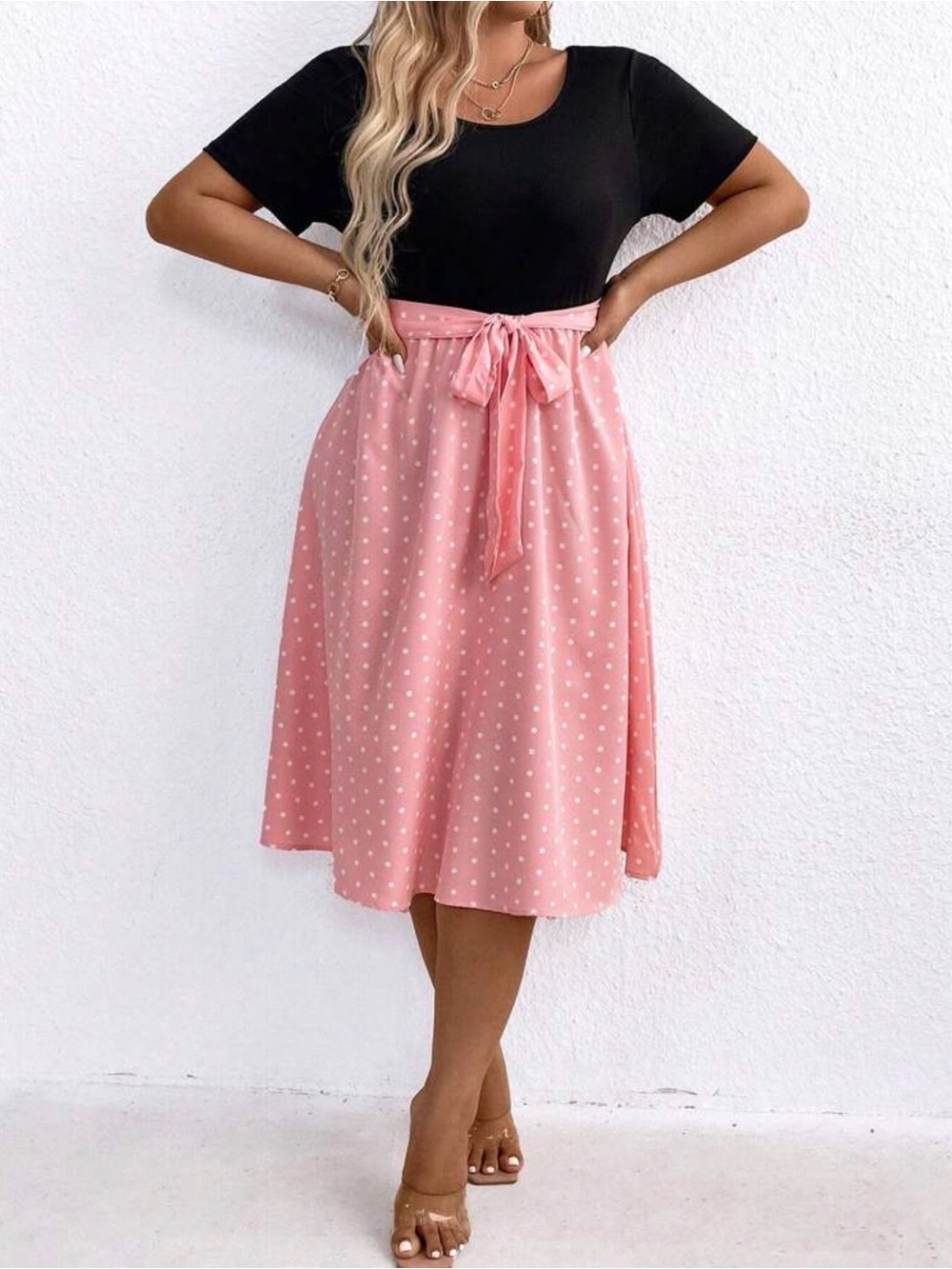 Casual Black & Pink Polka Dot Tie-Waist Dress